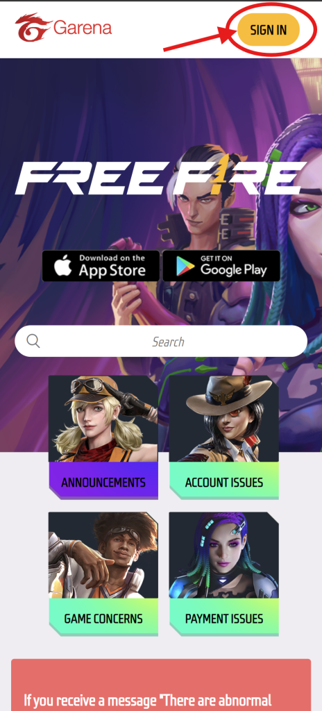 وارد شدن به سایت پیشتیبانی برای رفع بن اکانت فری فایر